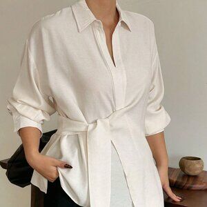 Plus Size White Casual Women's Long Sleeve Turndown Collar Shirt